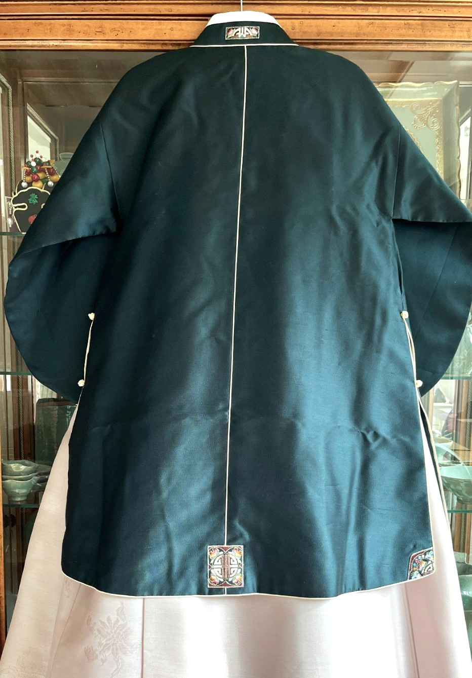 S-M Traditional Korean Hanbok Dress Silk Durumagi Coat-Midnight Navy/ Ivory Trim