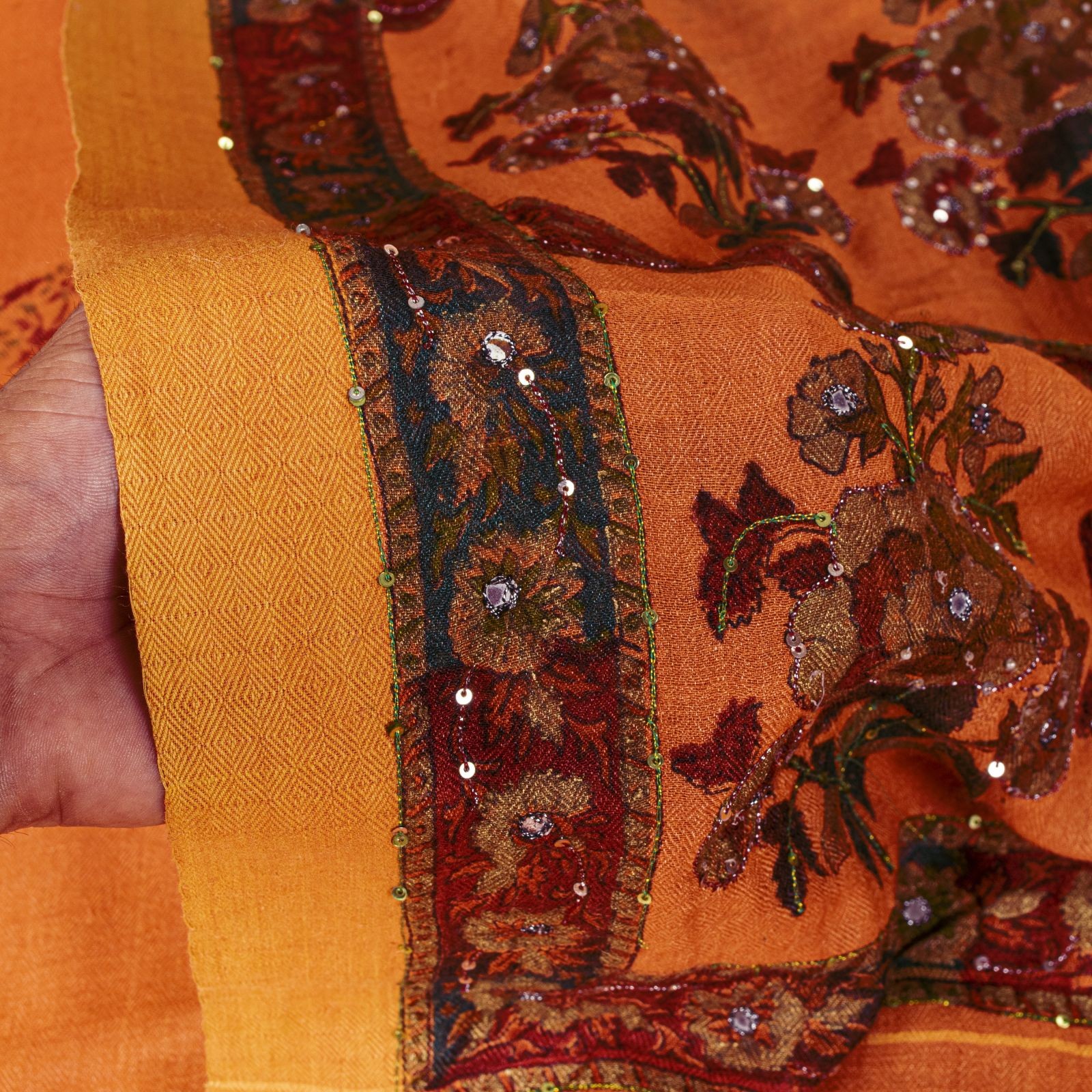 Sanskriti Vintage Brown Pure Woolen Saree Khari Hand Block Print-Embroidery Sari