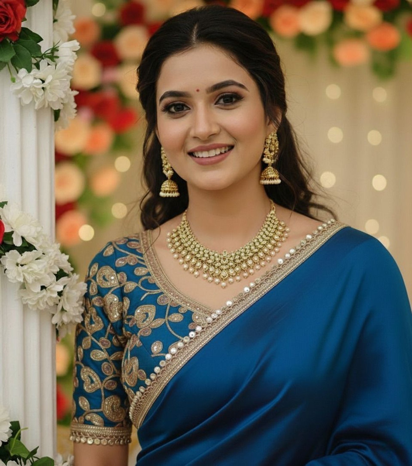 Embroidered Satin, Silk Blend Saree With Stitched Blouse (Light Blue)