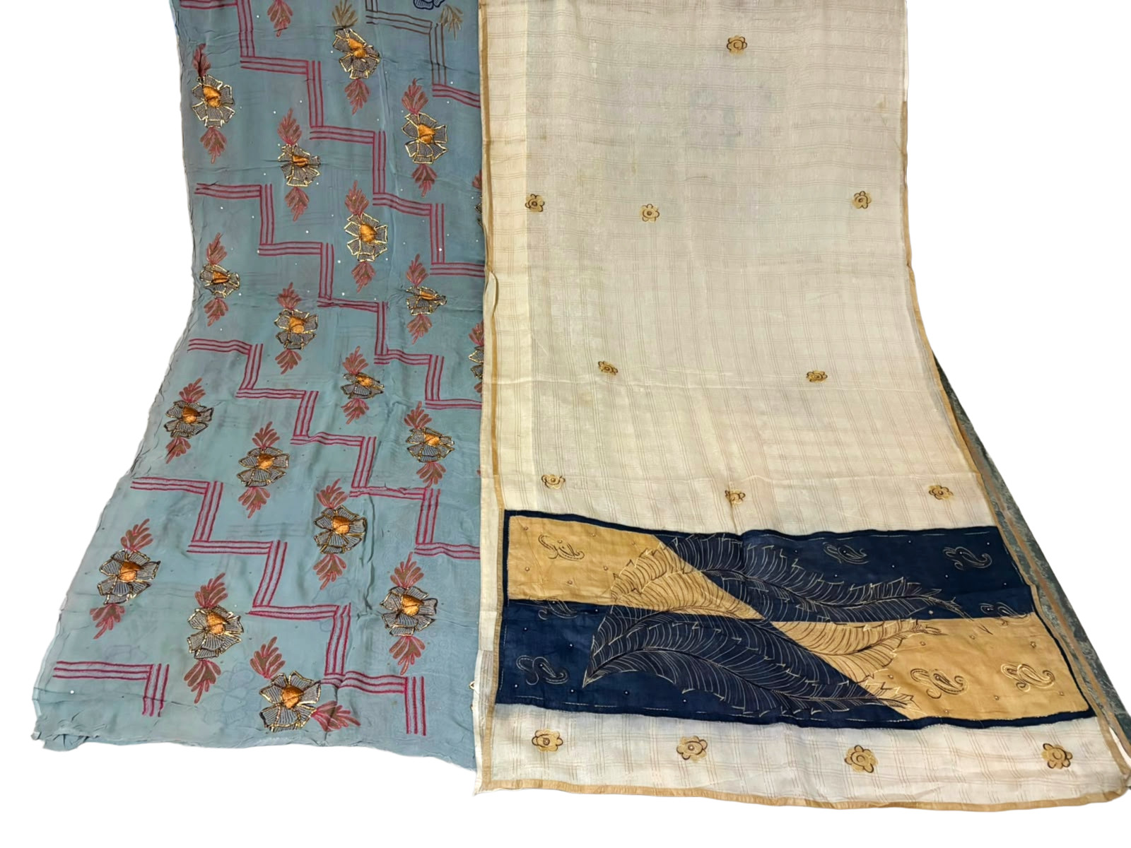 Lot of 2 Saree Indian Cotton Fabric Home Decor Embroidered Grey & Beige Vintage