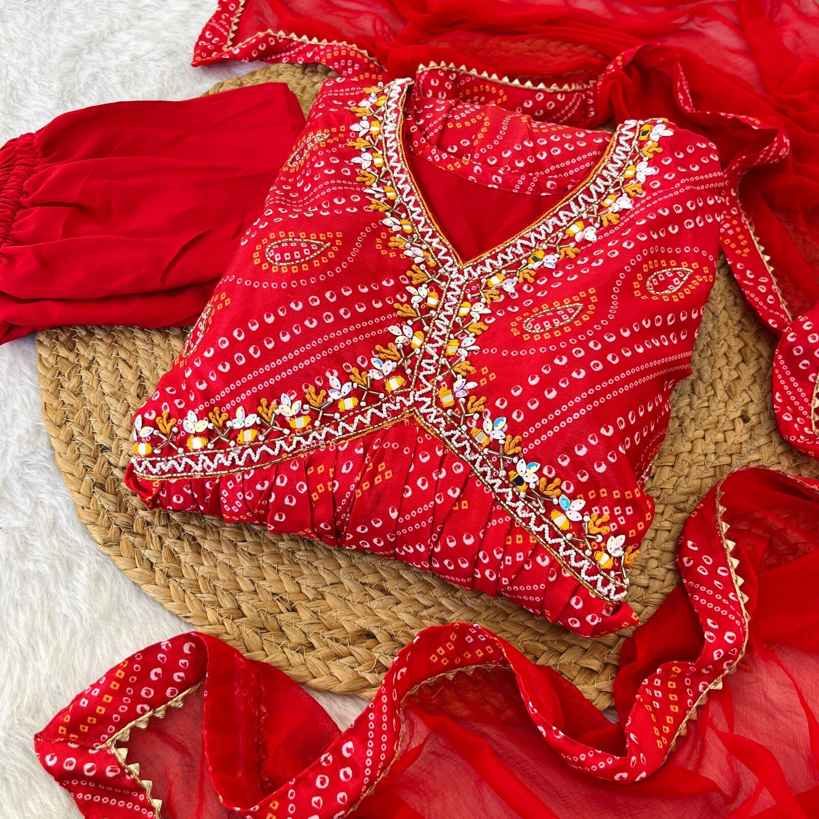 Red Bandhej Anarkali Kurta Pant Dupatta Set Hand Work Kurtis & Kurtas Suit Set