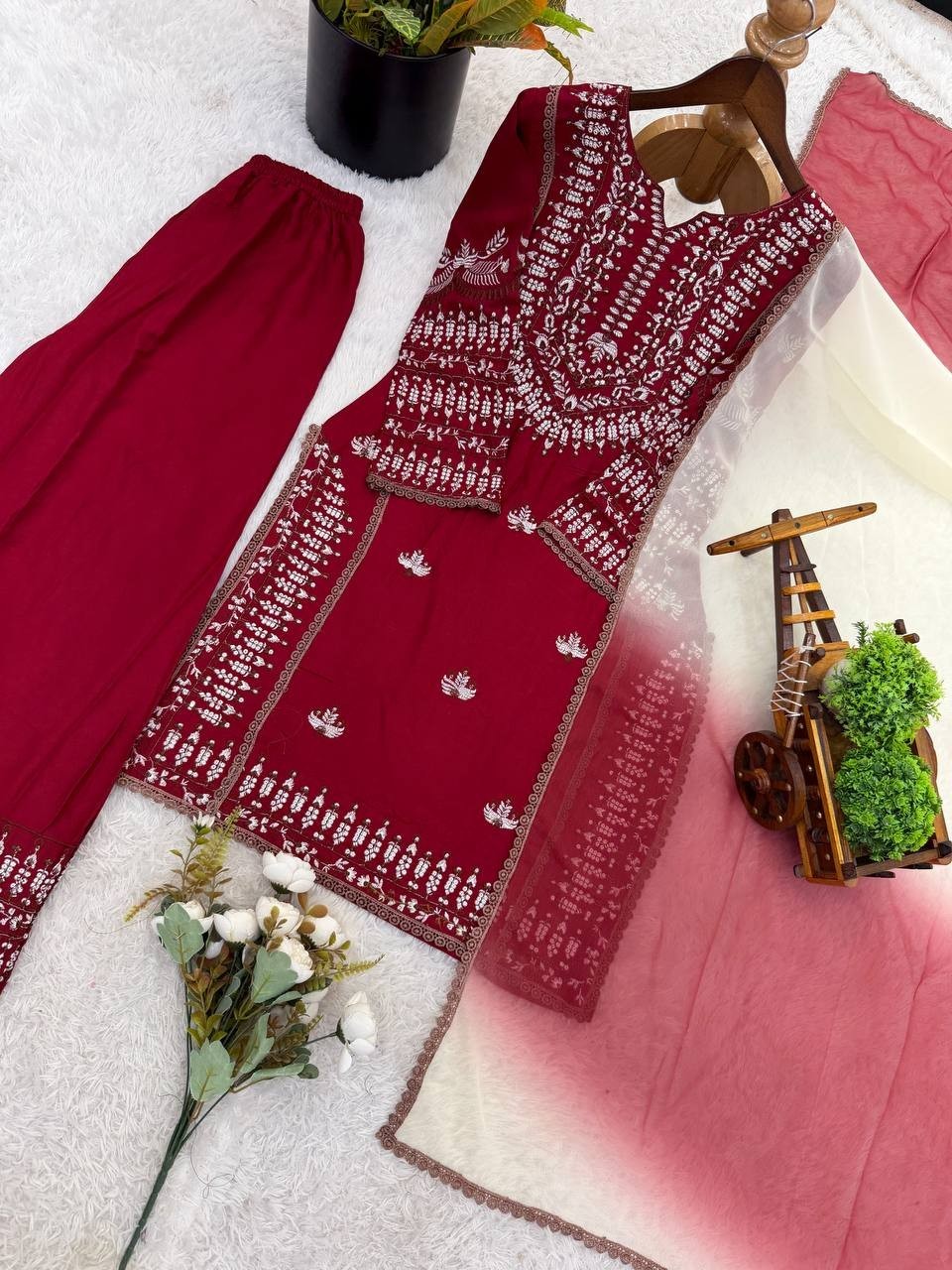 Designer Rayon Cotton Maroon Salwar Kameez With Dupatta For Indian Party Wear