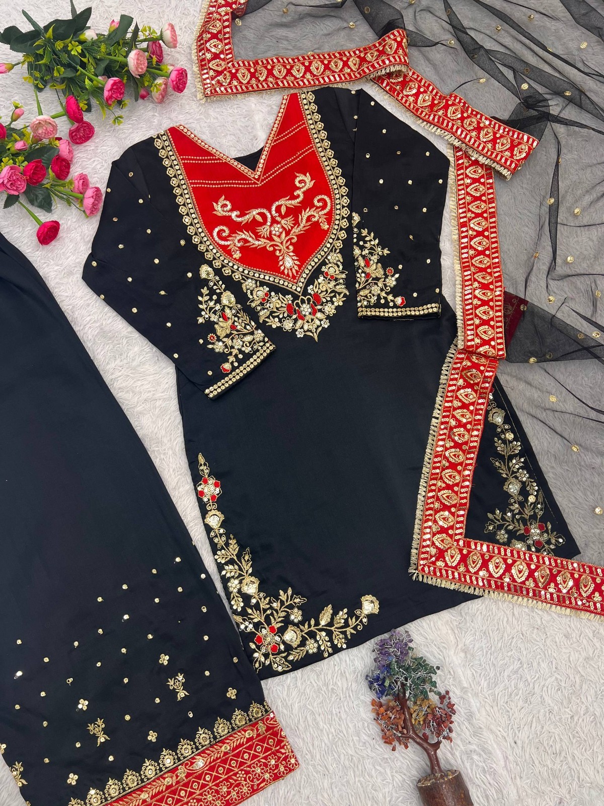 Party Wear Black Maska Cotton Kurta Palazzo With Net Dupatta For Women