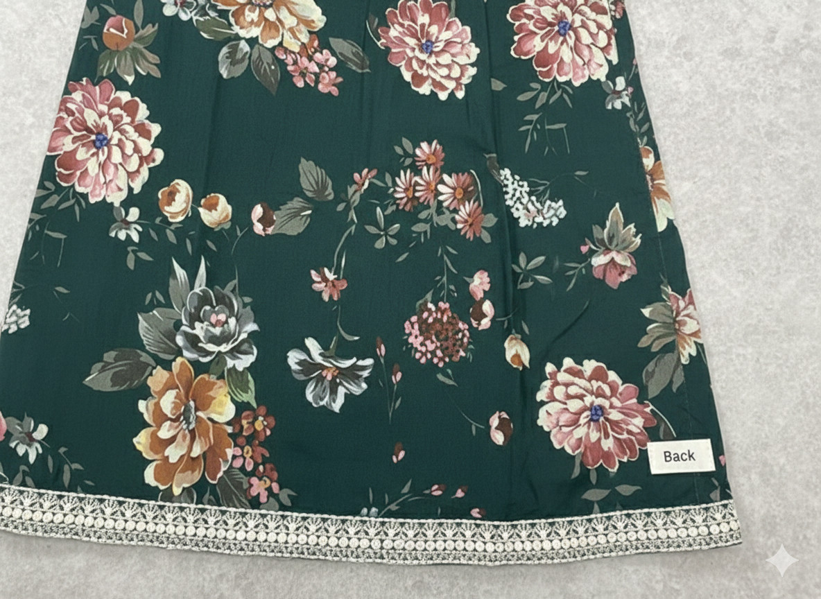 Elegant Green Floral Printed 3-Piece Suit with Embroidered Dupatta | Size Medium