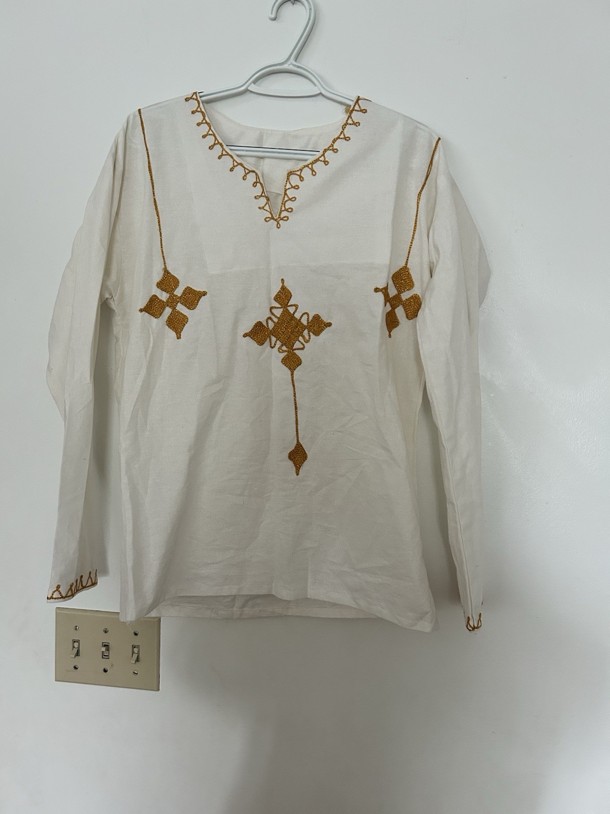Traditional Ethiopian Shirt with Hand Embroidery White with Gold Detail Size M