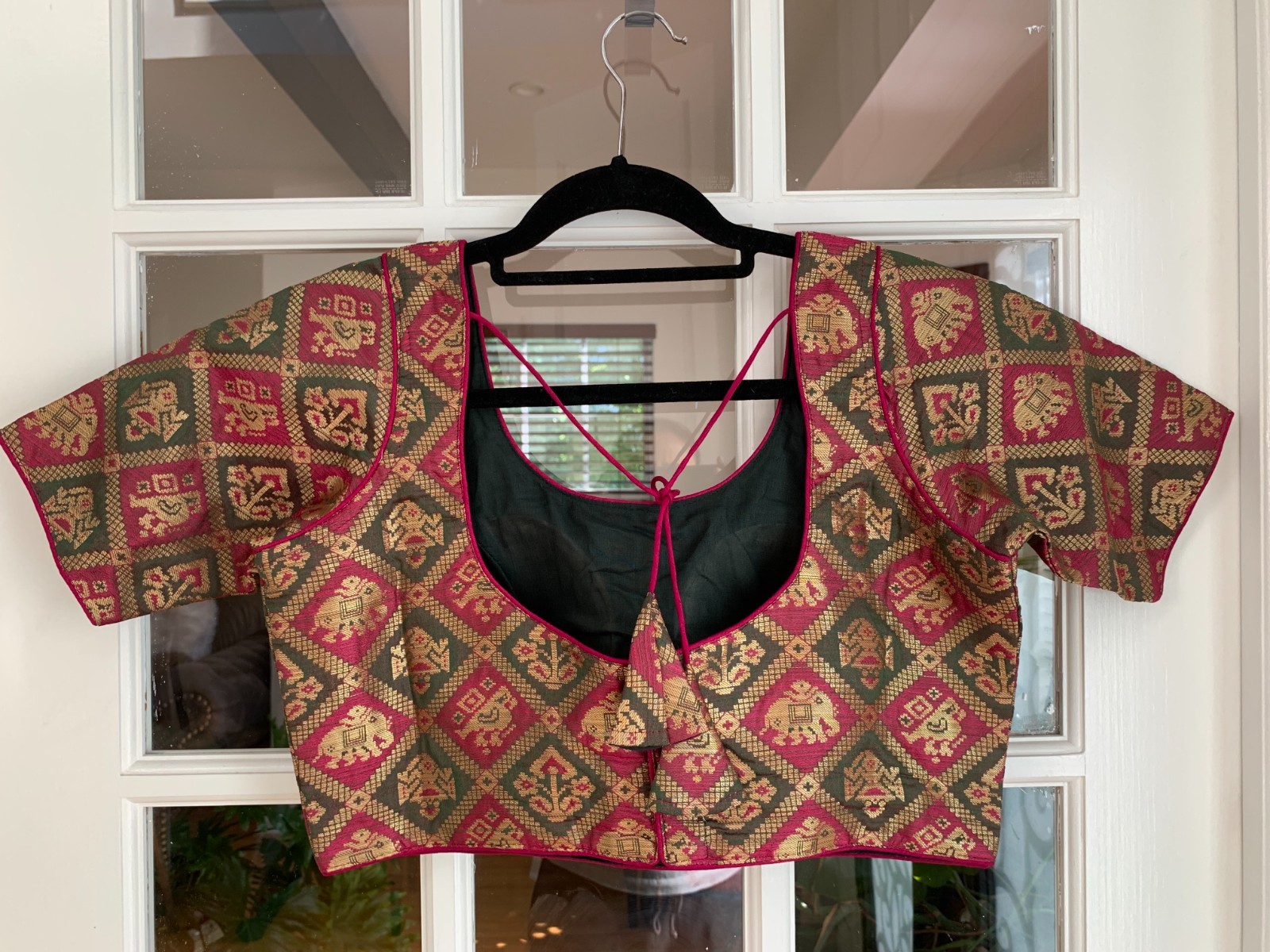 Elbow-Length Dung Green and Pink Readymade Blouse For Saree And Lehenga