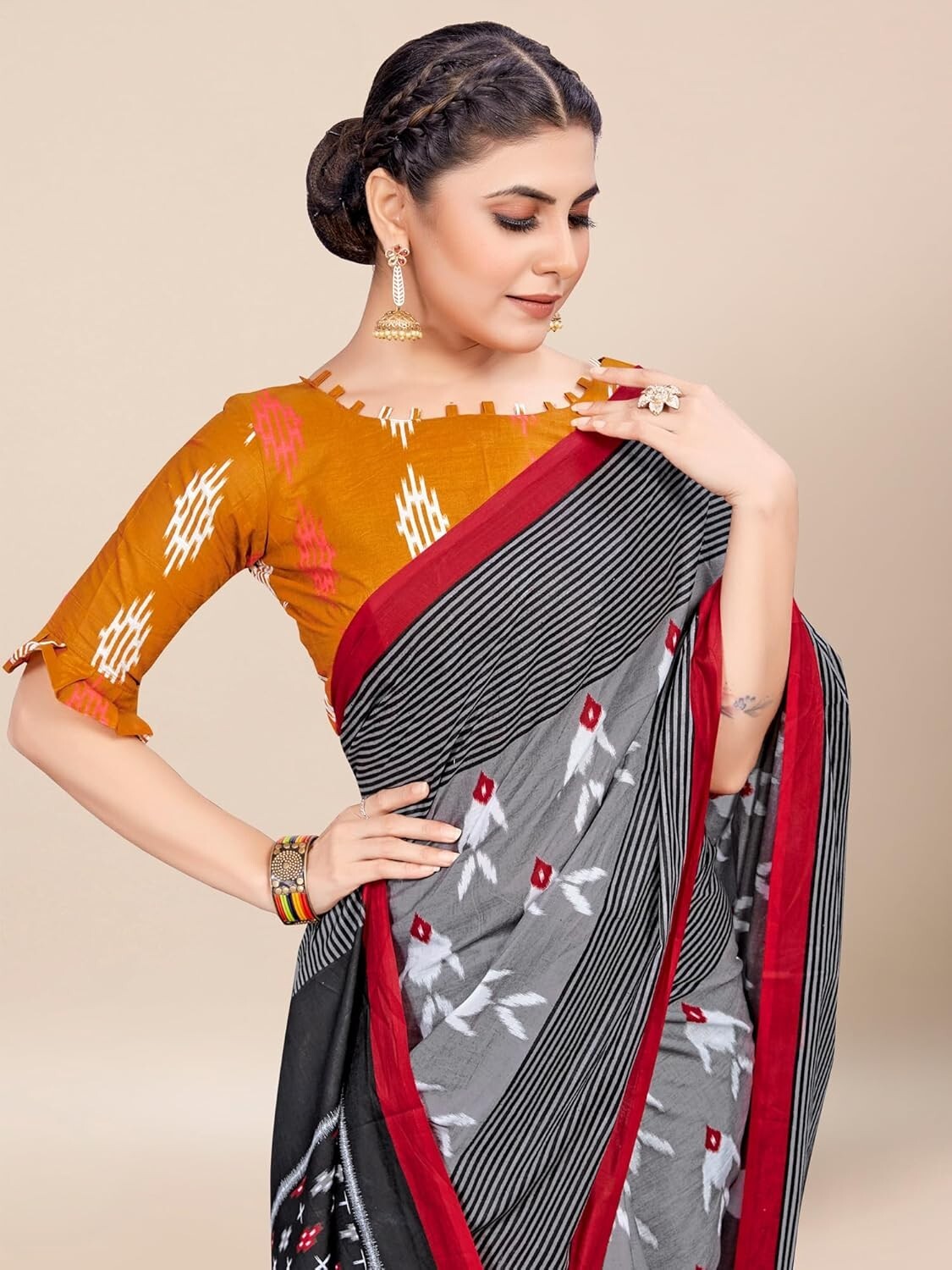 Women’s Cotton Ikat Printed Saree With Unstitched Blouse Piece