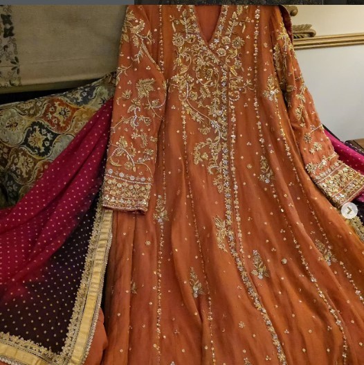 Rust Brown Hand Embroidered Anarkali Dress | Zardosi Work Designer Long Frock