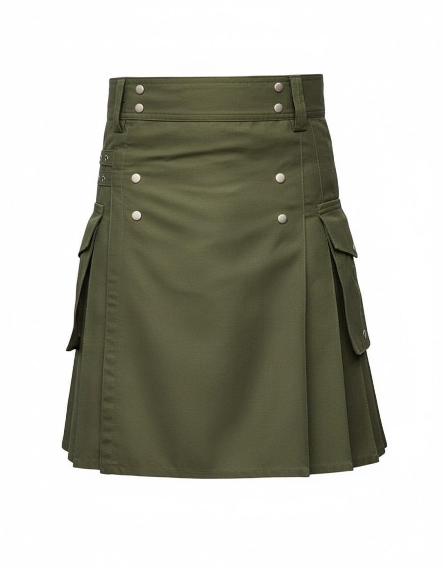 Men’s Olive Green Utility Kilt Scottish Cotton Cargo Pockets Hybrid Men Kilts