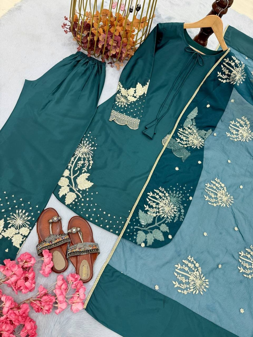 Collection Pur Natural Crepe ReadyMade Rama Top Palazzo With Dupatta For Women