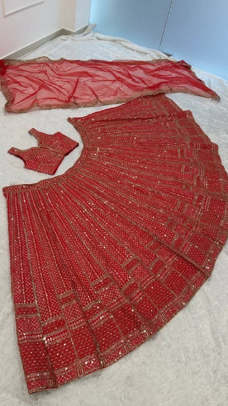 Heavy Designer Red Malai Satin Lehenga Choli With Dupatta For Party & Reception