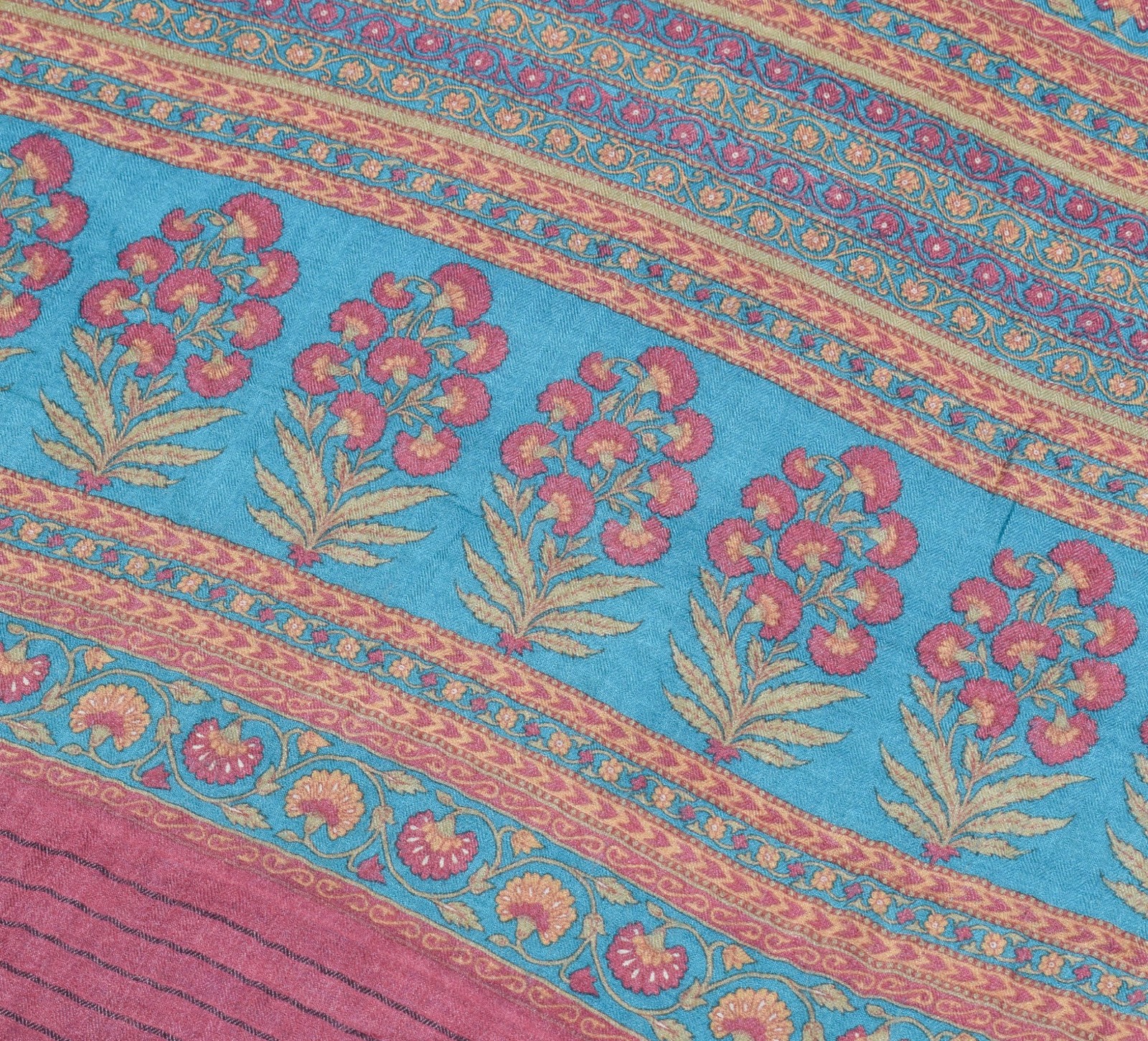 Sushila Vintage Teal Blue Saree Pure Woolen Floral Printed Soft 4YD Sari Fabric