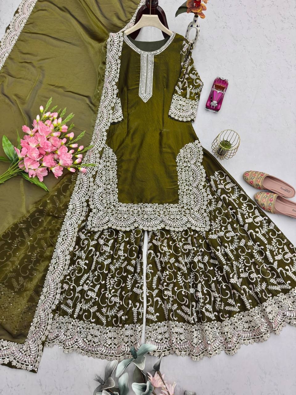 Eid Reception Party Wear Mehendi Green Fandy Silk Sharara Plazzo Suit