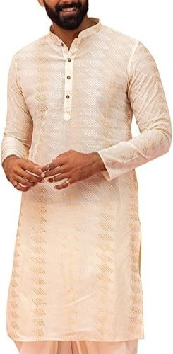 KISAH Mens Kurta Printed Cotton Blend Tunic (42) Off White Ivory / Gold New