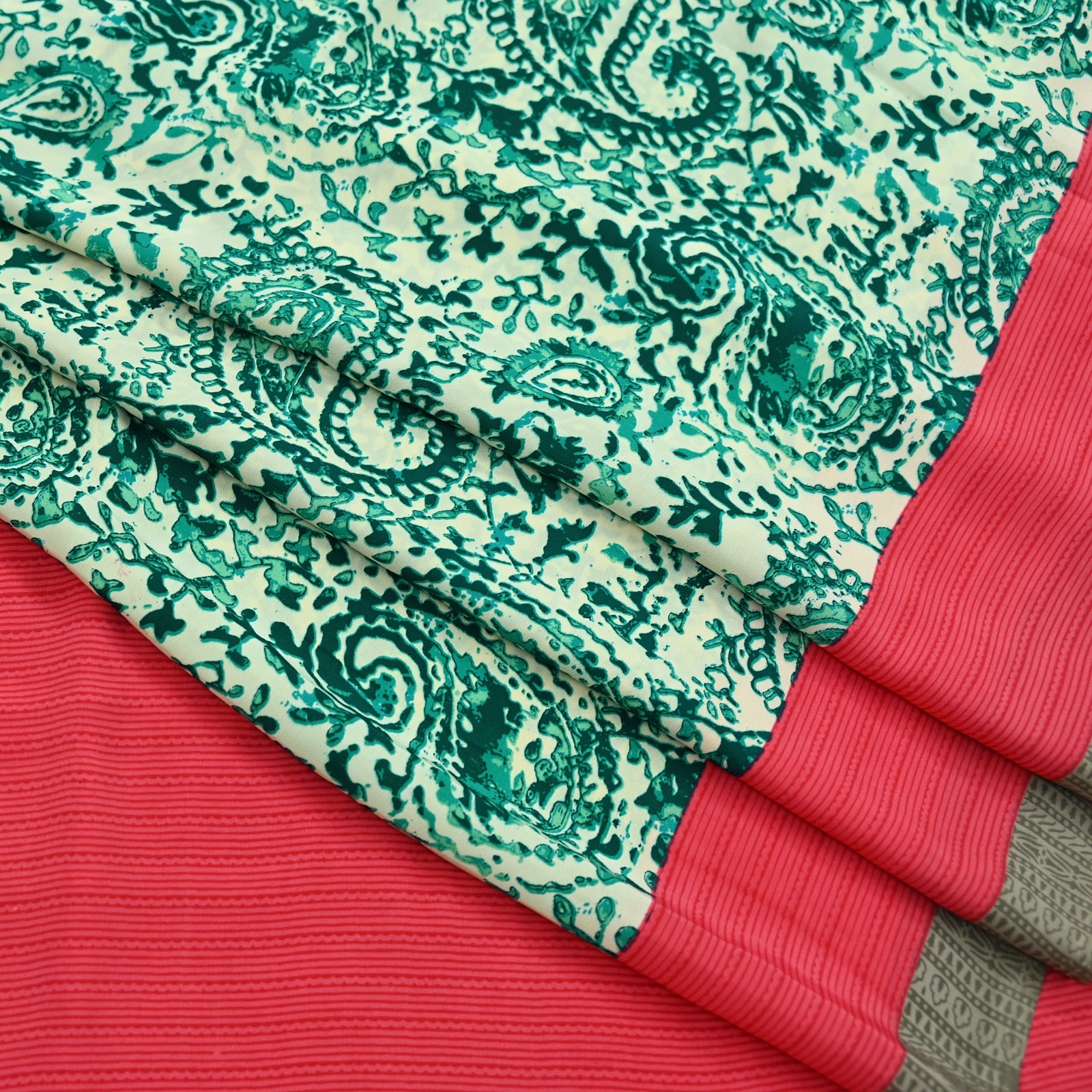 Indian Vintage Sari Pink & Ivory Moss Crepe Printed Sarees 6yd Craft Fabric soft