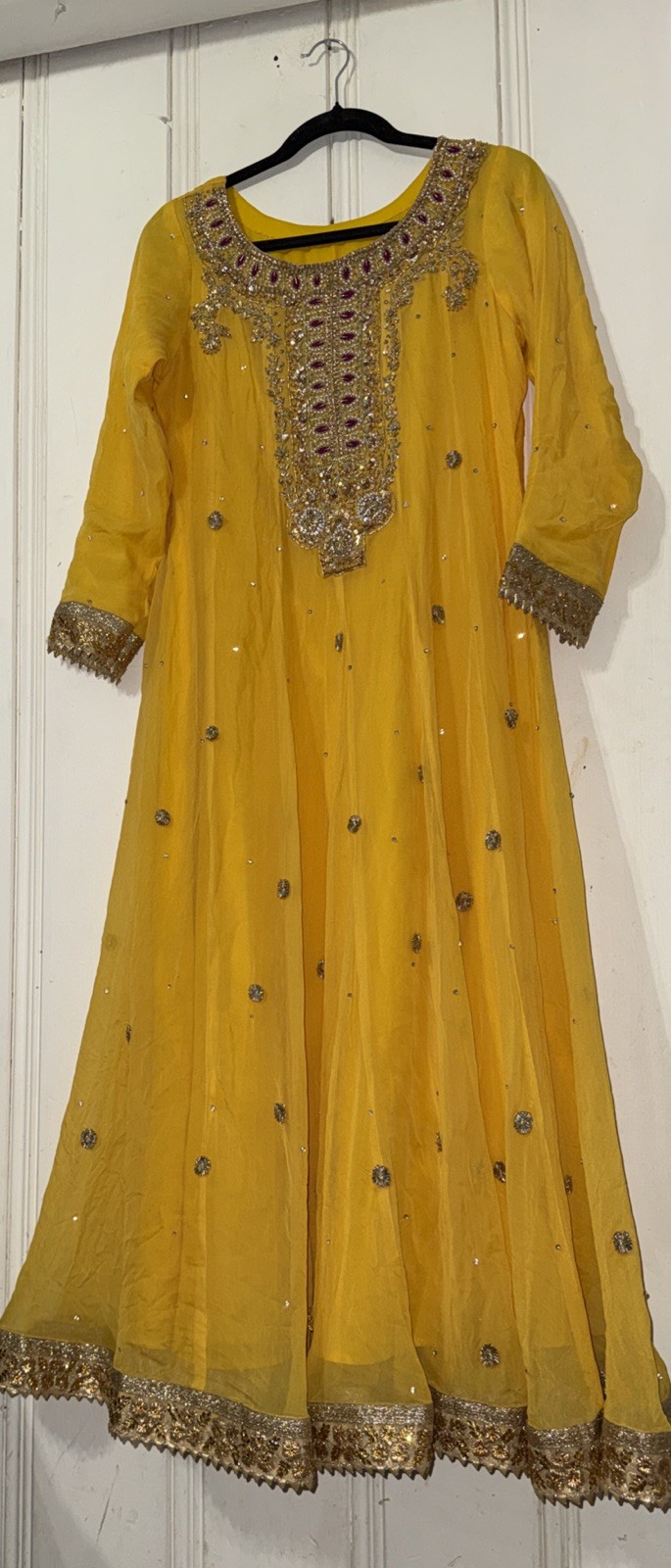 Anarkali Kurta Indian Pakistani Dress Gold Sz Med Large Embellished Yellow