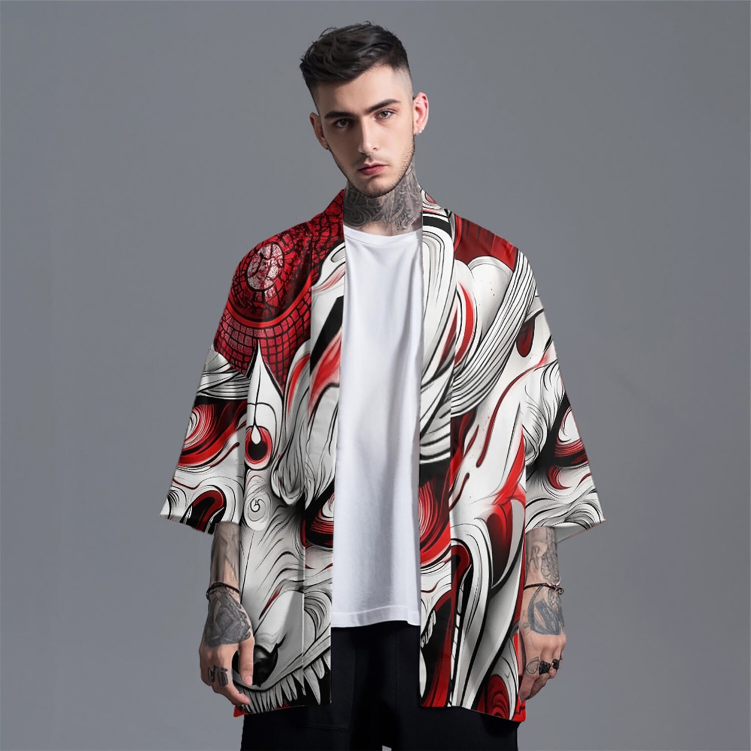 Niepce Men’s Japanese Graphic Lightweight Red Monster Kimono Cardigan Shirt Top