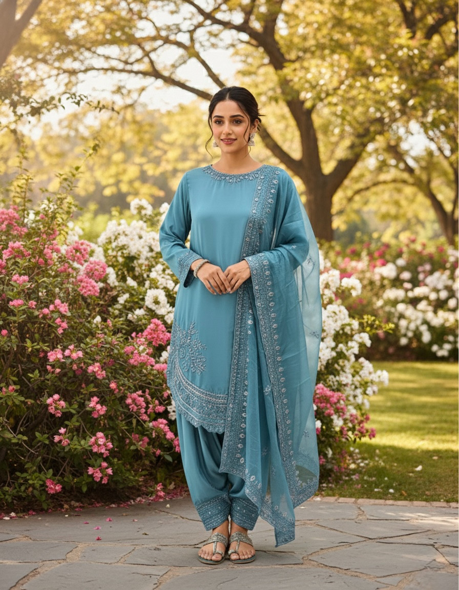 Collection Pur Natural Crepe Readymade Multi Top Palazzo With Dupatta For Women