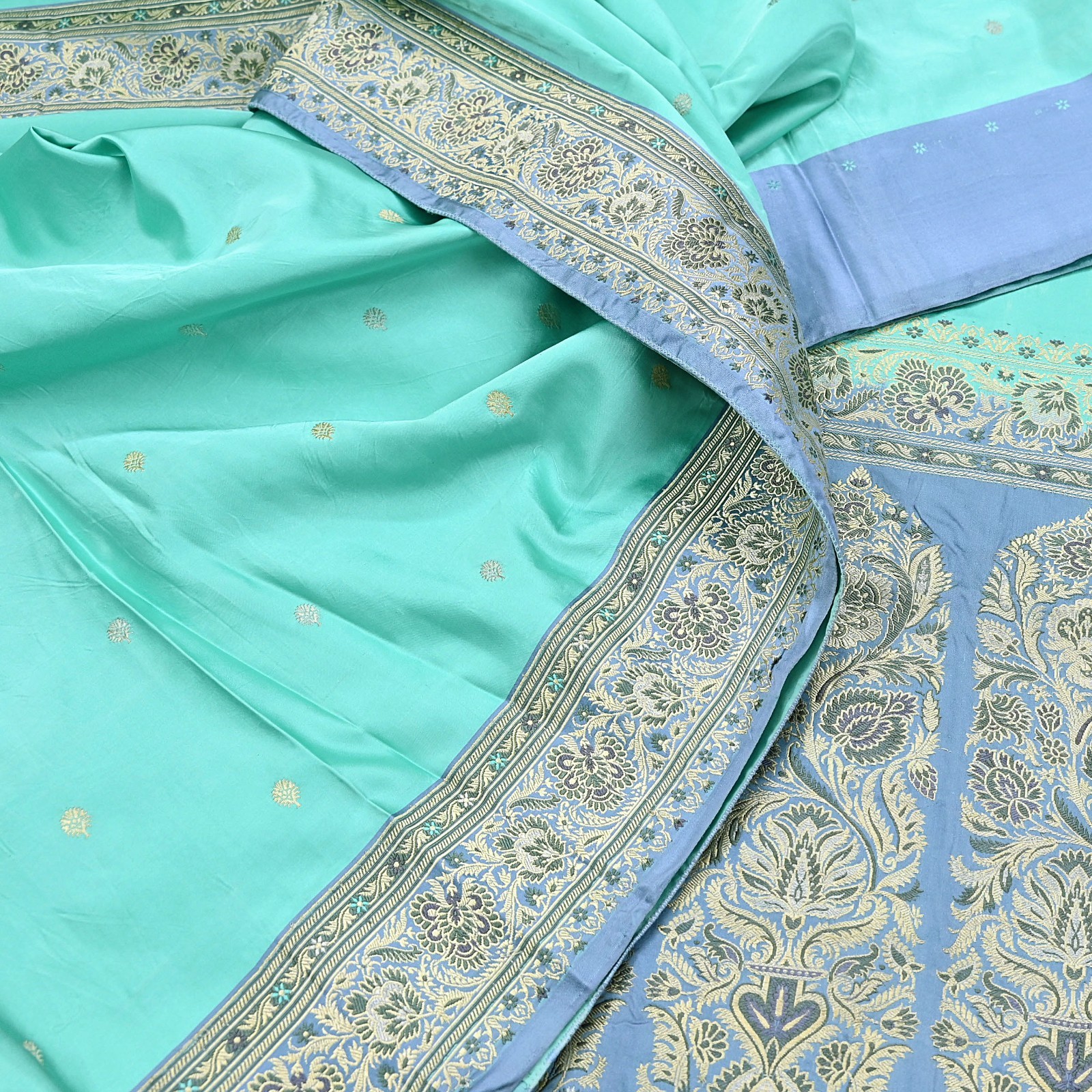 Indian Vintage Sari Heavy Pure Silk Woven Banarasi Brocade Saree Fabric 5Yd