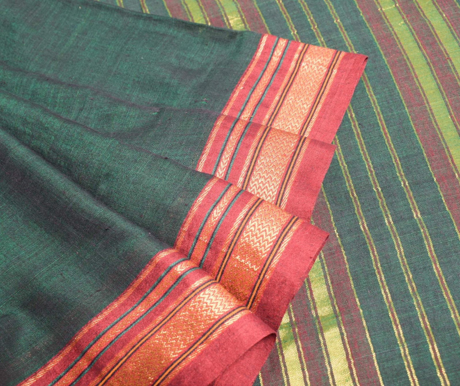 Sushila Vintage Dark Green Saree with Maroon Woven Border PureCotton Sari Fabric