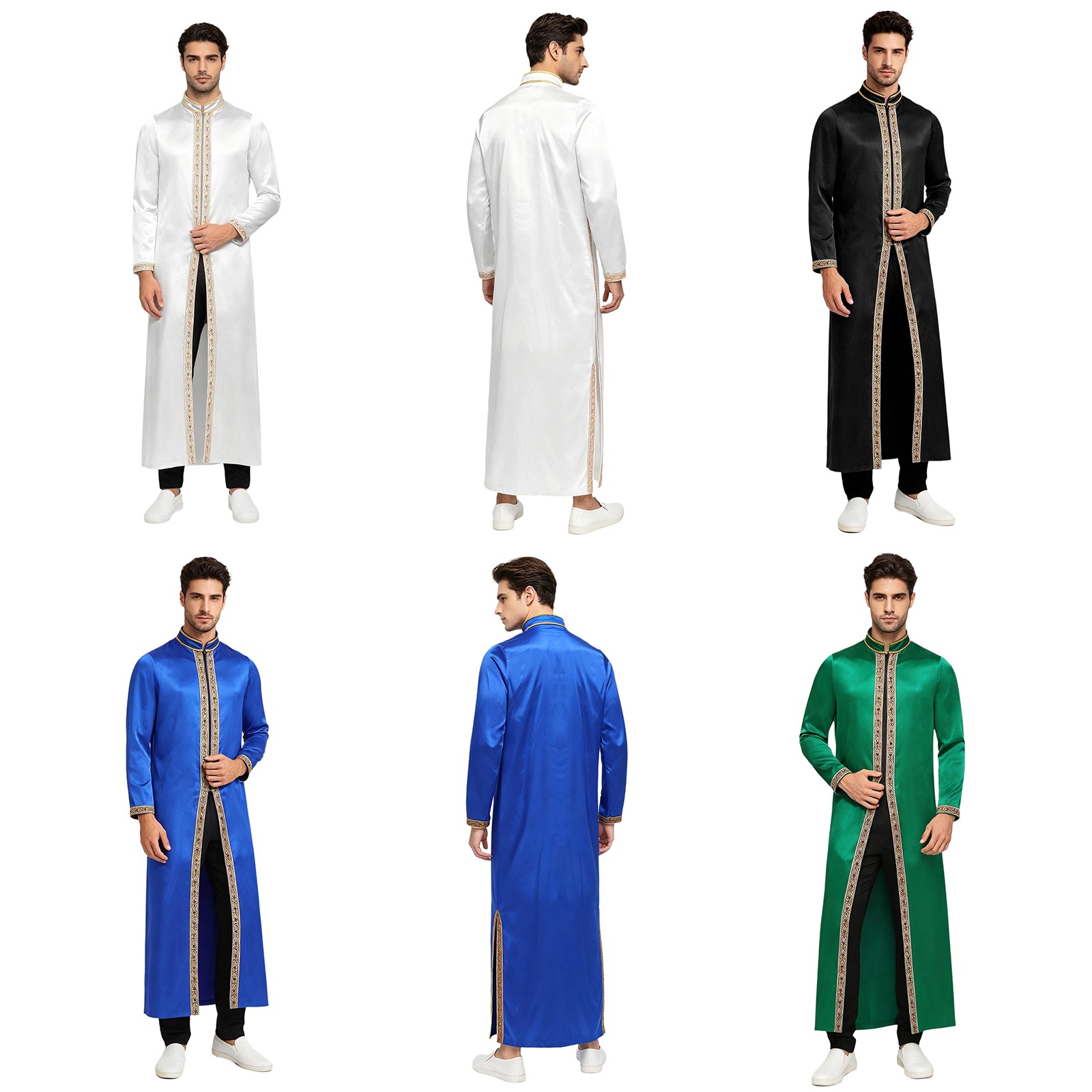 Men Gown Minister Costume Slit Hem Muslim Robe Choir Thobe Islamic Mock Neck