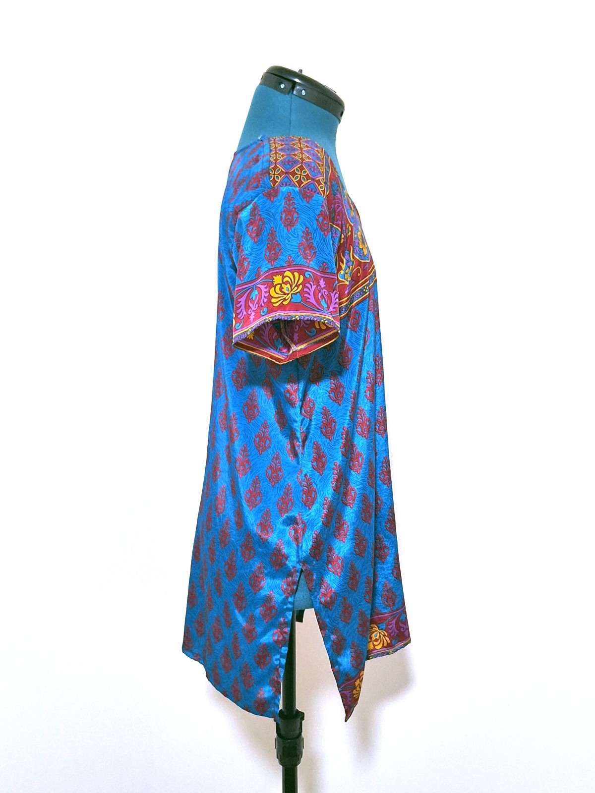 TEAL Blue boho kameez India KURTA print top SHORT SLEEVE ethnic tunic size LARGE