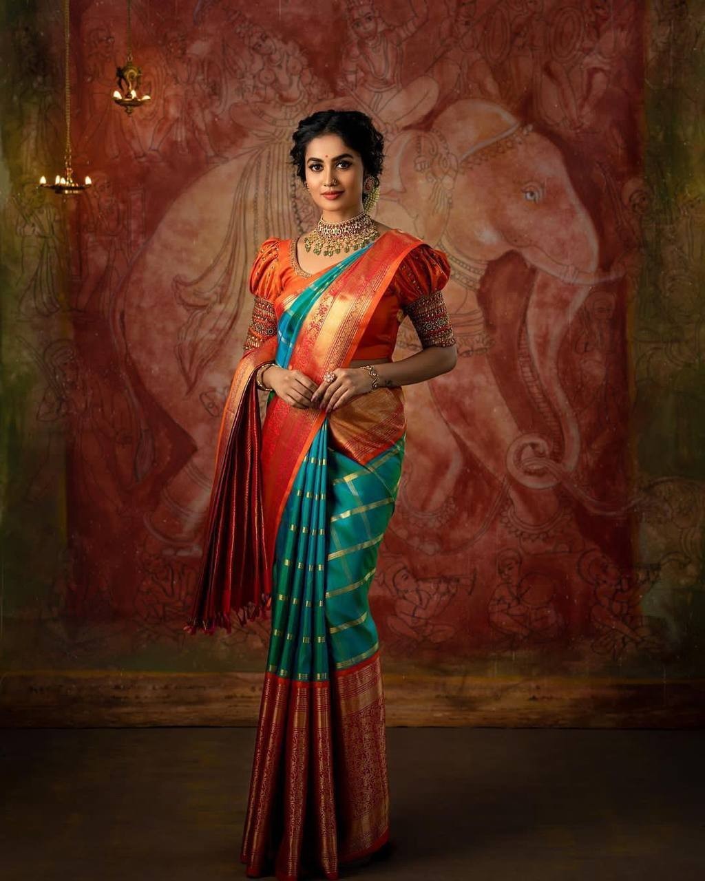 Designer Red Lichi Silk Saree withgreen linen saree, silver border saree, Indian