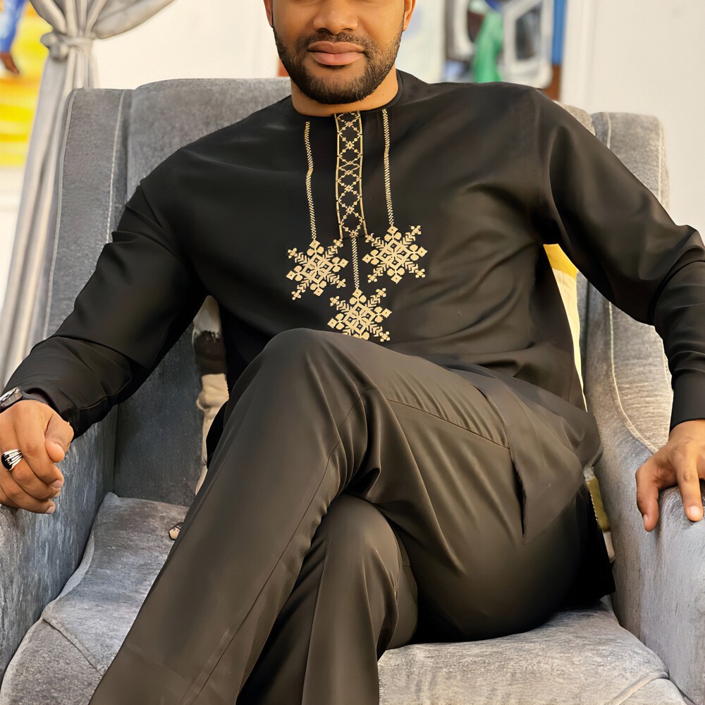 Mens African 2 Piece Set Long Sleeve Pants Outfit Traditional Suit Ethnic Suit