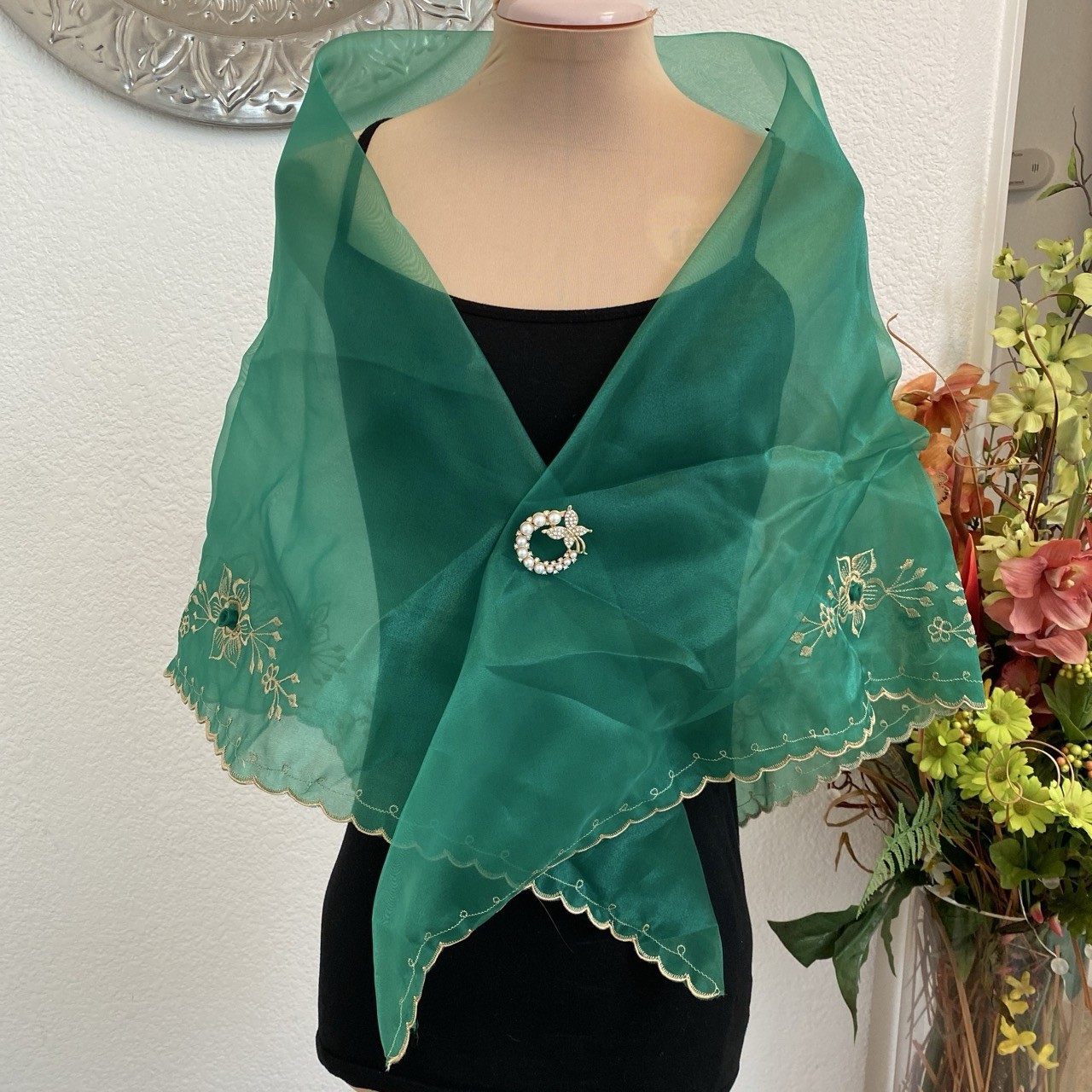 Filipiniana Emerald Green Embroidered Organza Shawl with Decorative Brooch