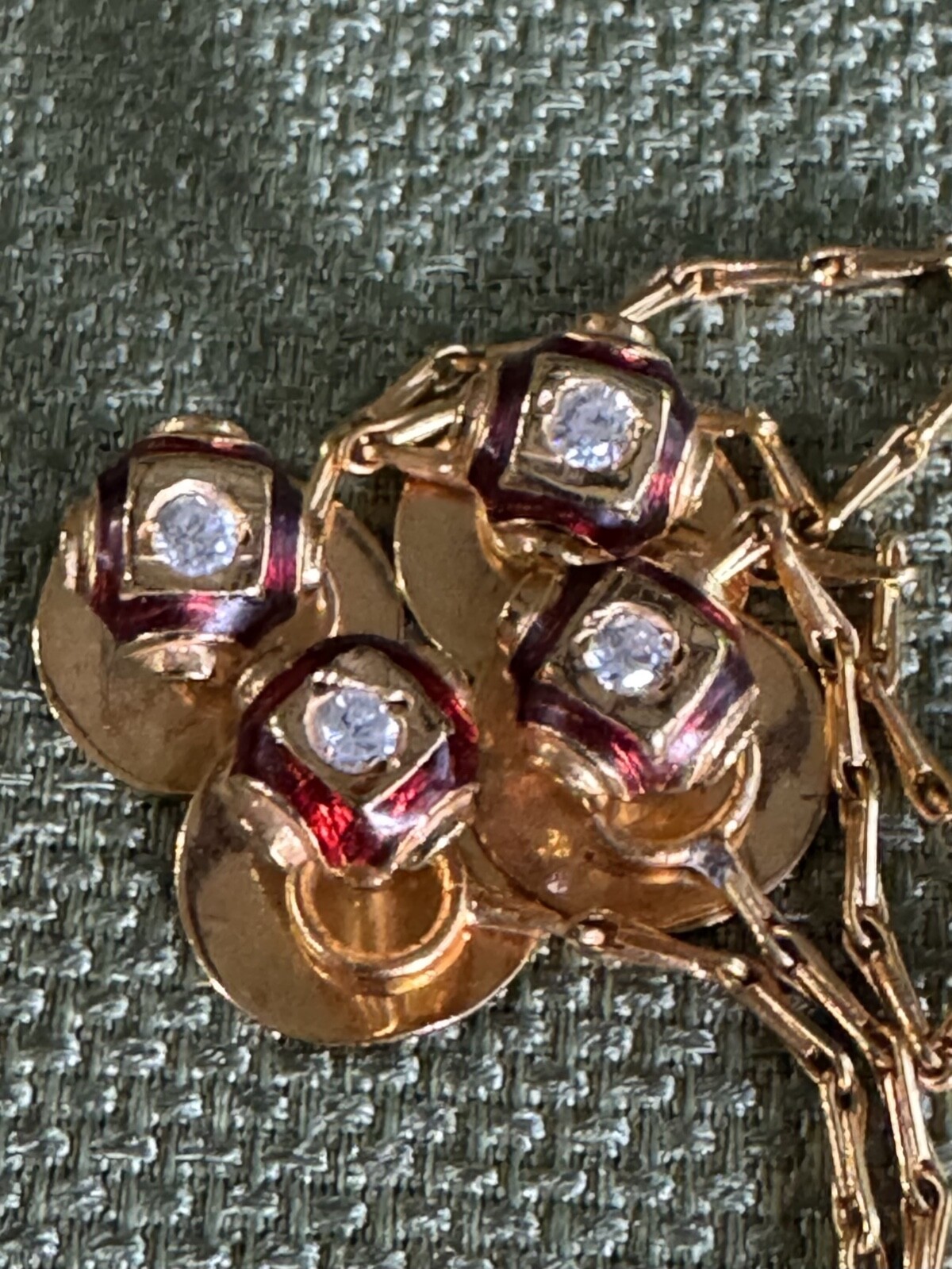 Mens Kurta Buttons with Chain Gold Tone White Crystal & Red Enamel