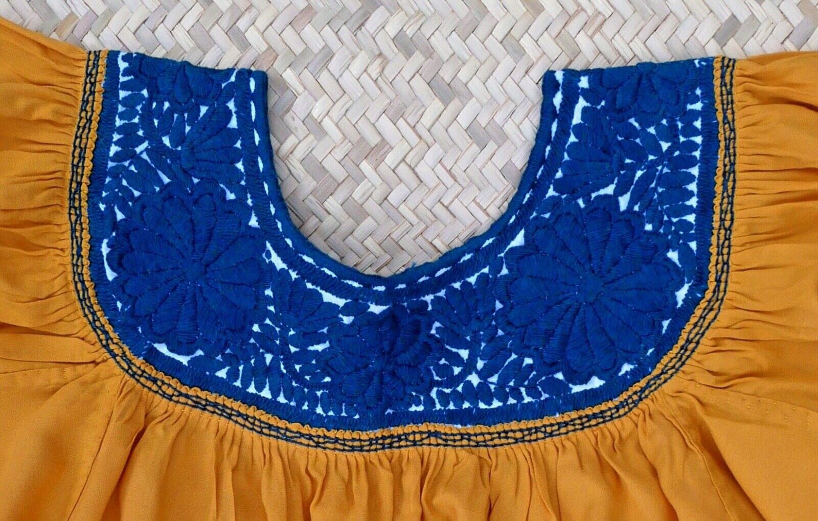 S/M Peasant Blouse Hand Embroidery Blue Flowers Gold Fabric Mayan Chiapas Mexico