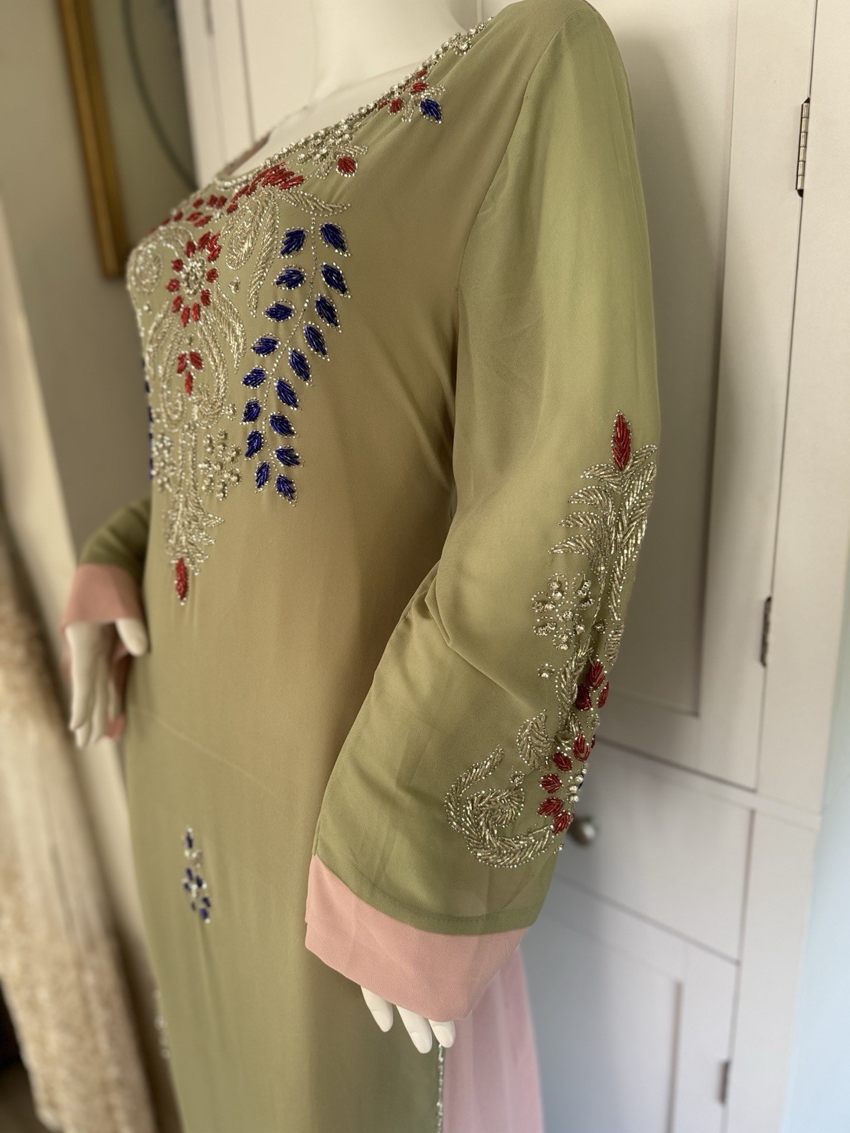 Handmade Women’s green and pink dress Tunic Cotton Blend Chiffon