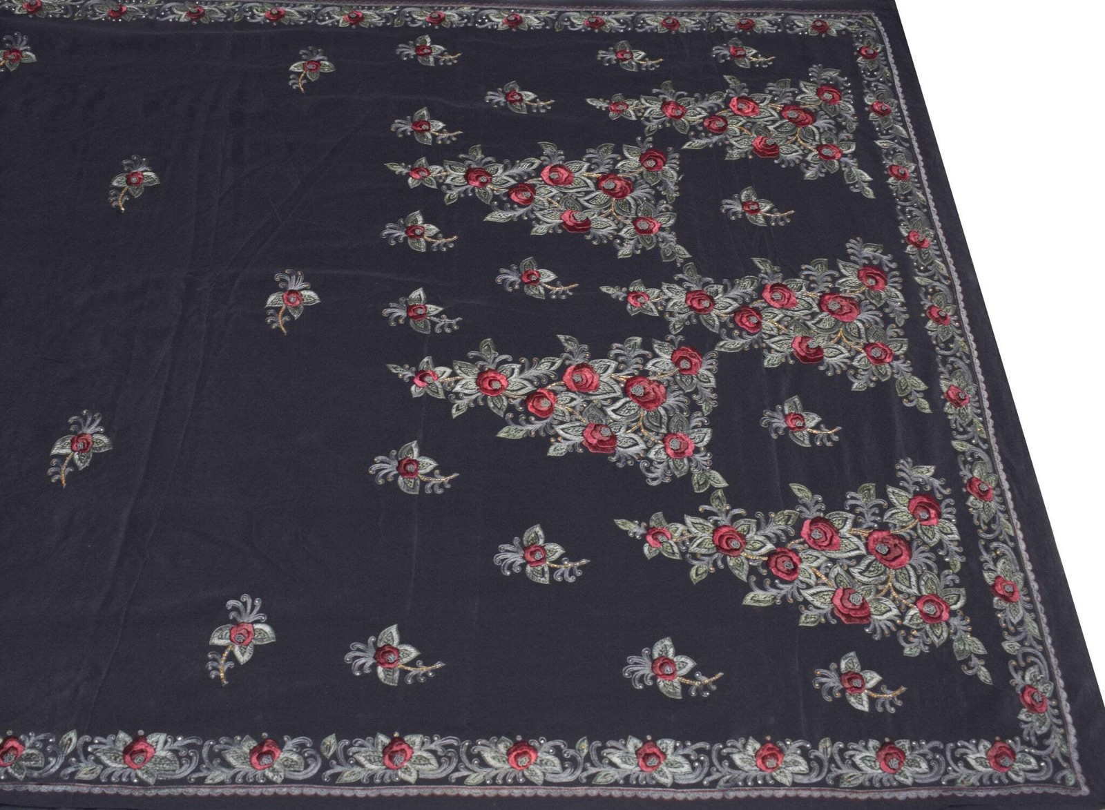 Sushila Vintage HEAVY Black Saree Pure Crepe Silk Hand Embroidered Sari Fabric