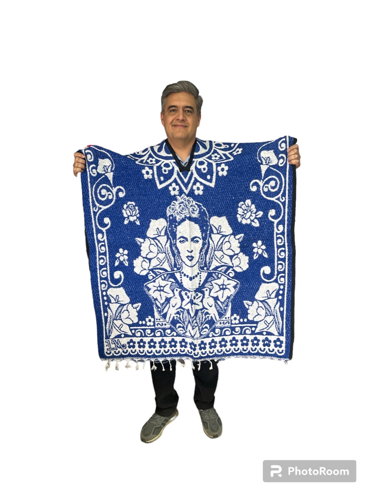 XXL MEXICAN PONCHO FRIDA KAHLO , MADE IN MEXICO , UNISEX , OVERSIZED FIT , BLUE