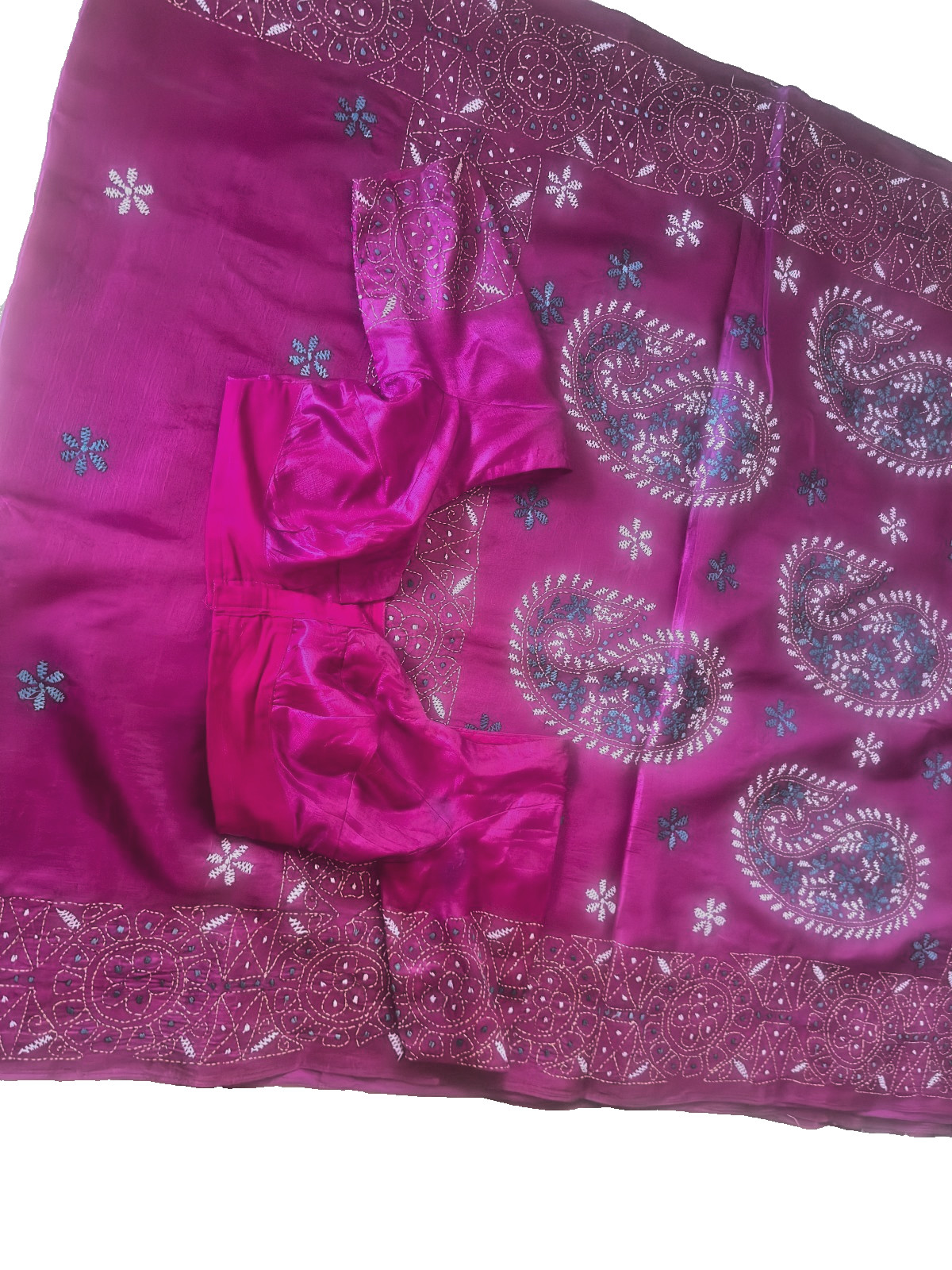 100% TUSSAR SILK KANTH EMBOIDERY SAREE CURTAIN FABRIC ETHNIC 6 YARDS BLOUSE