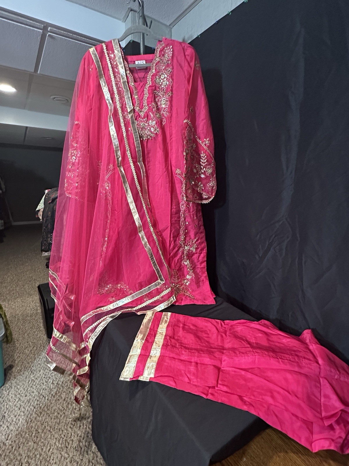 ASIAN STITCH ZARQUN BRAND – Emb Raw Silk Front & Back Emb, Net Lux Dupatta – $75