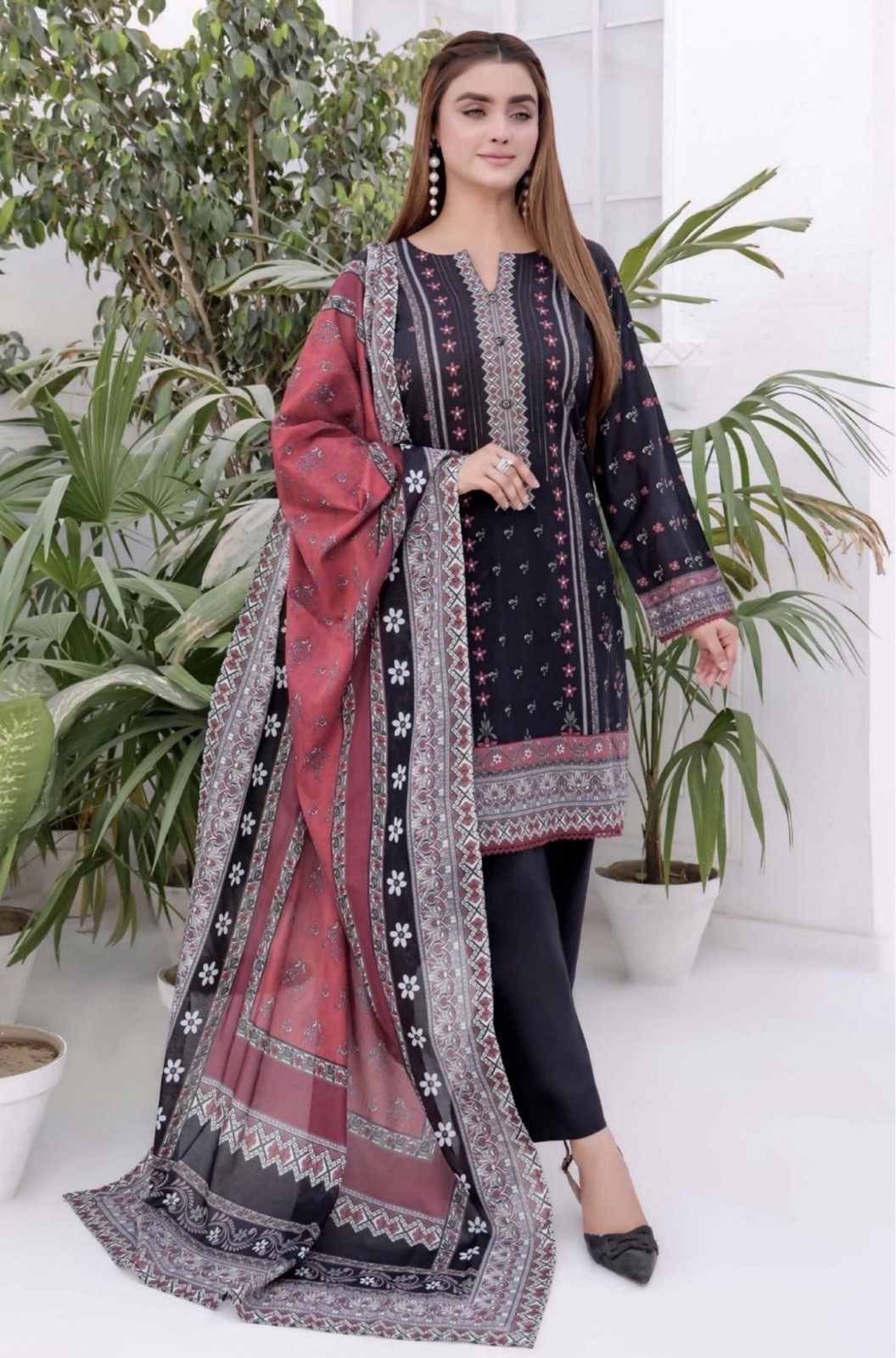 Elegant Black & Maroon Printed Pakistani Lawn Suit with Dupatta