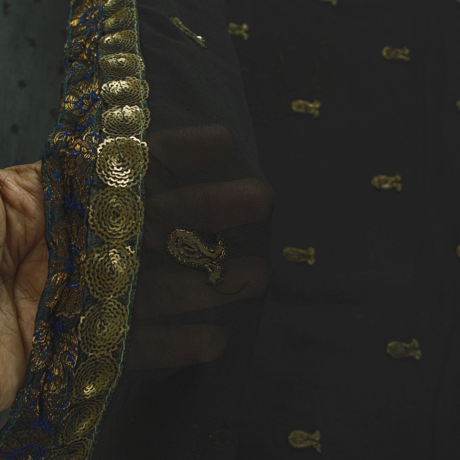 Sanskriti Vintage Sarees Pure Georgette Silk Zardozi Hand Beaded Sari 5Yd Fabric