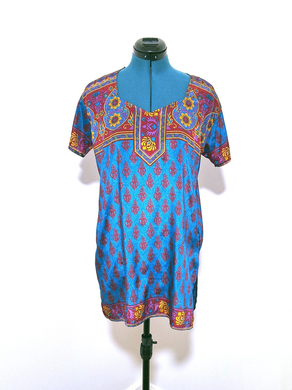 TEAL Blue boho kameez India KURTA print top SHORT SLEEVE ethnic tunic size LARGE
