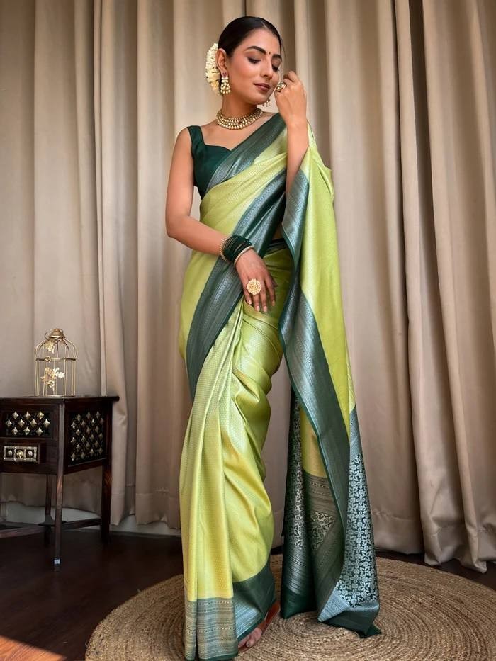 Indian Saree Soft Lichi Silk Green Jacquard Wedding Wear With Brocade Blouse