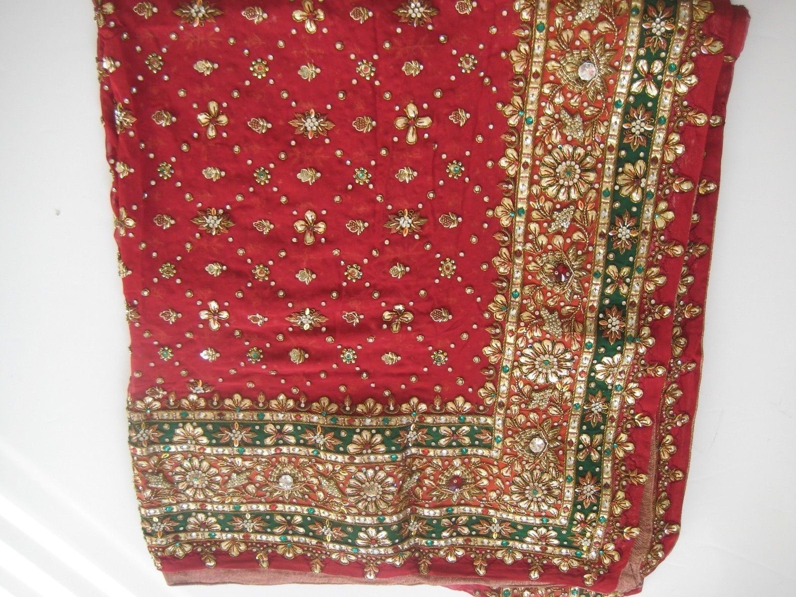 Chaniya Choli S/M Red/Green w/Embroidery-Gold/Rose Gold Beautiful 3 Pcs