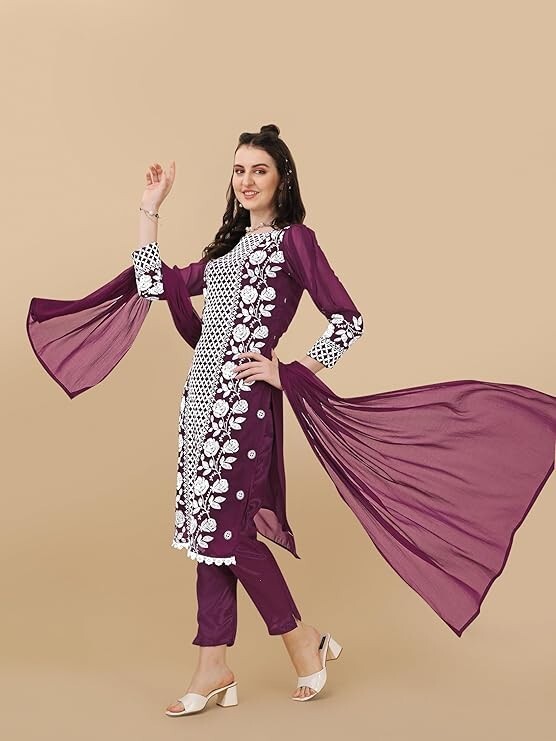 Women Wine Chikankari Lucknawi Kurta With Pants & Dupatta , Salwar Kameez Top