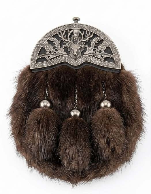 Highland Dress Kilt Sporran Brown Silver Faux Fur Real Leather Back