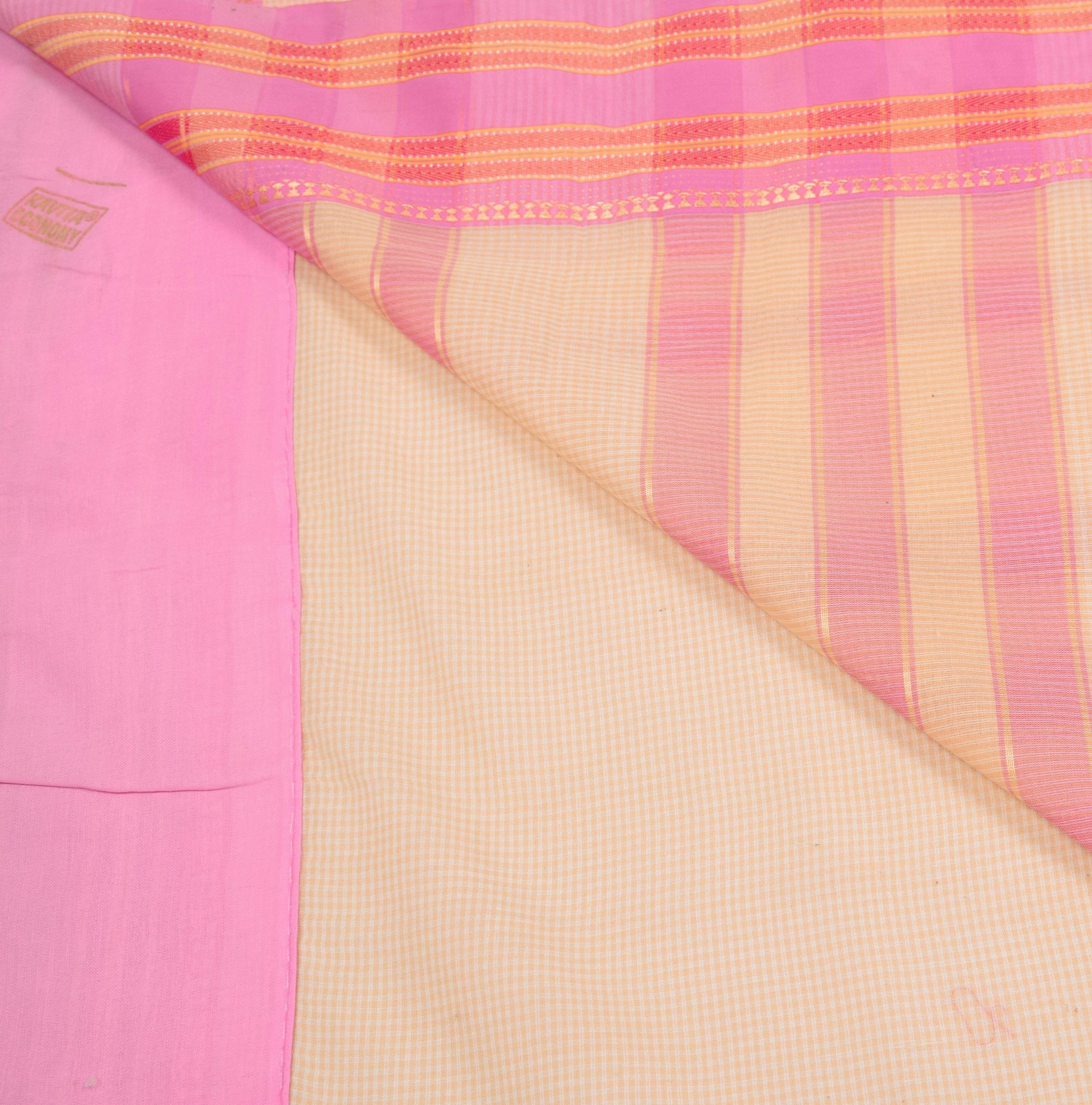 Sushila Vintage Cream Checks Saree Stripes Border Art Cotton Sari 6 Yard Fabric