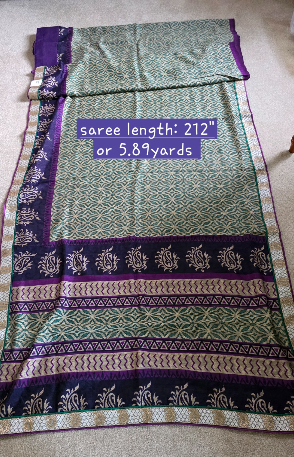 Elegant Purple Crepe Silk Saree Green Gold Zari Border & Unstitched Blouse Piece