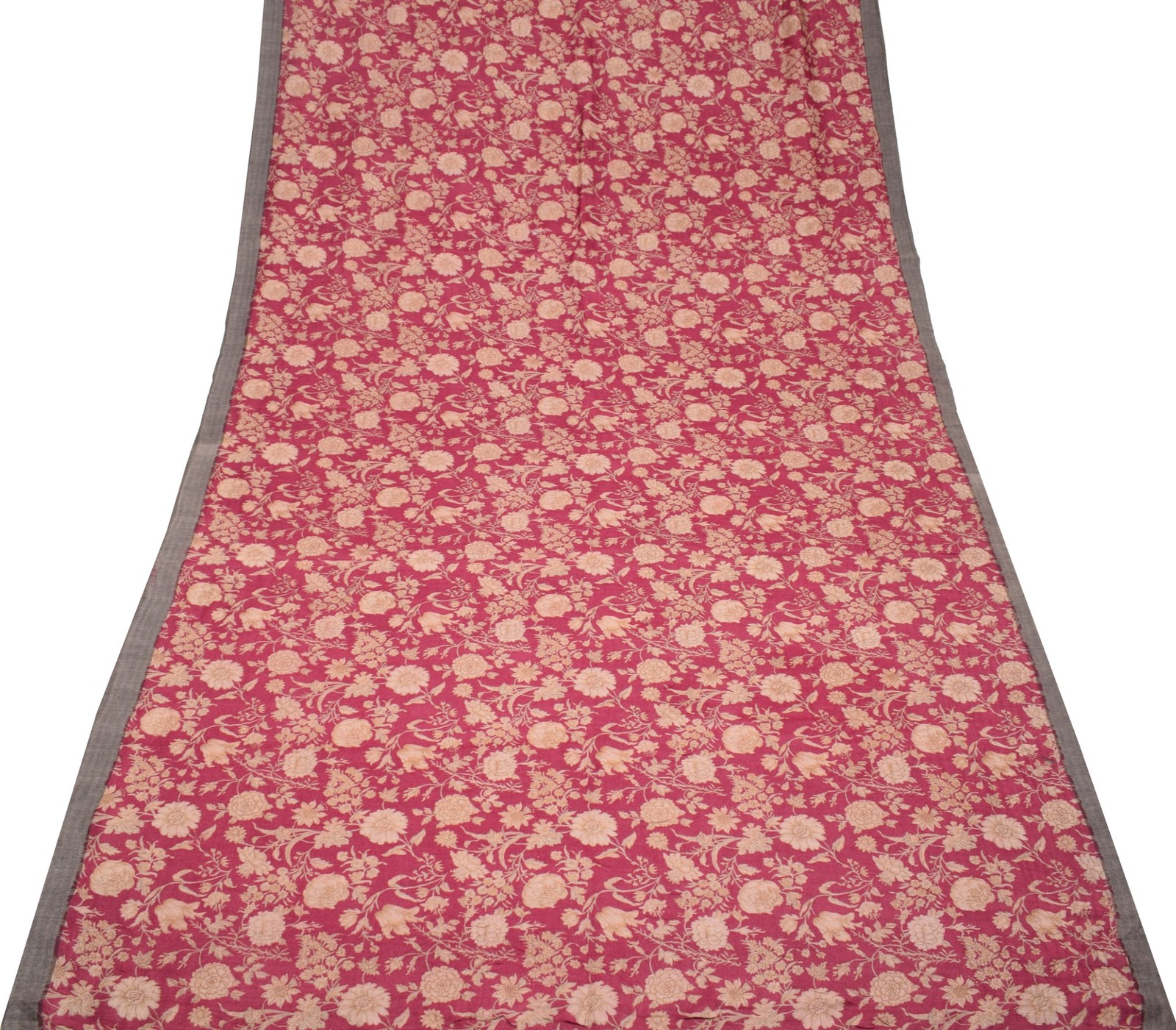 Sushila Vintage Pure Woolen Saree Floral Printed Woven Dark Magenta Sari Fabric