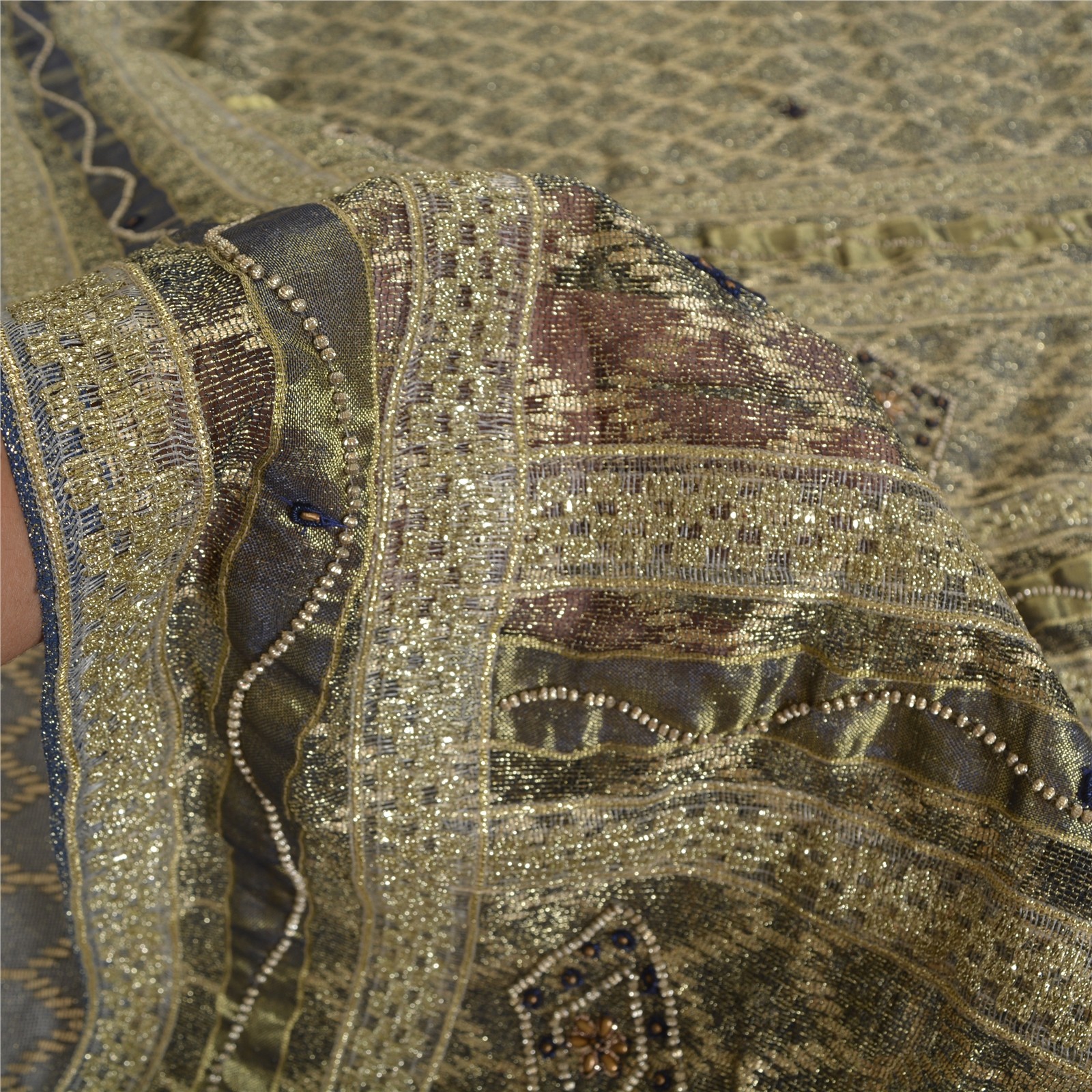 Sanskriti Vintage Green Sarees Net Mesh Hand Beaded Woven Craft Fabric 5+Yd Sari