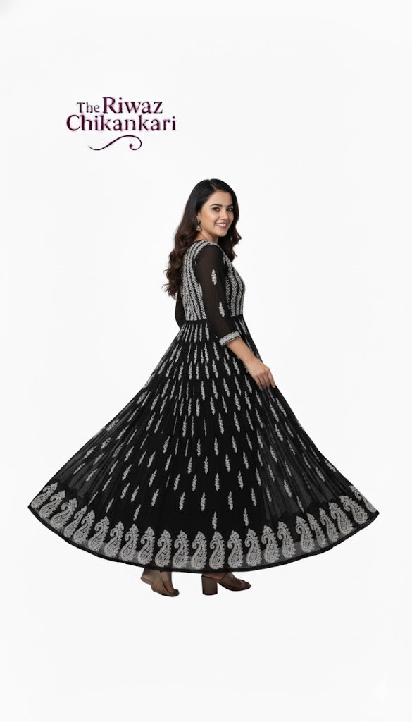 Black Chikankari Long Kurti for Women | Elegant Embroidered Georgette Dress