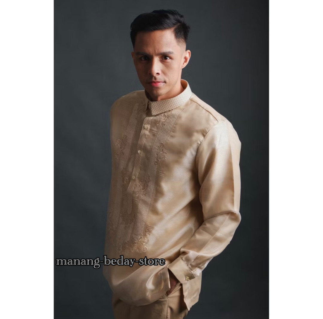 Barong Tagalog for Men Pina Organza w/ Lining Beige Spots & Chinese collar