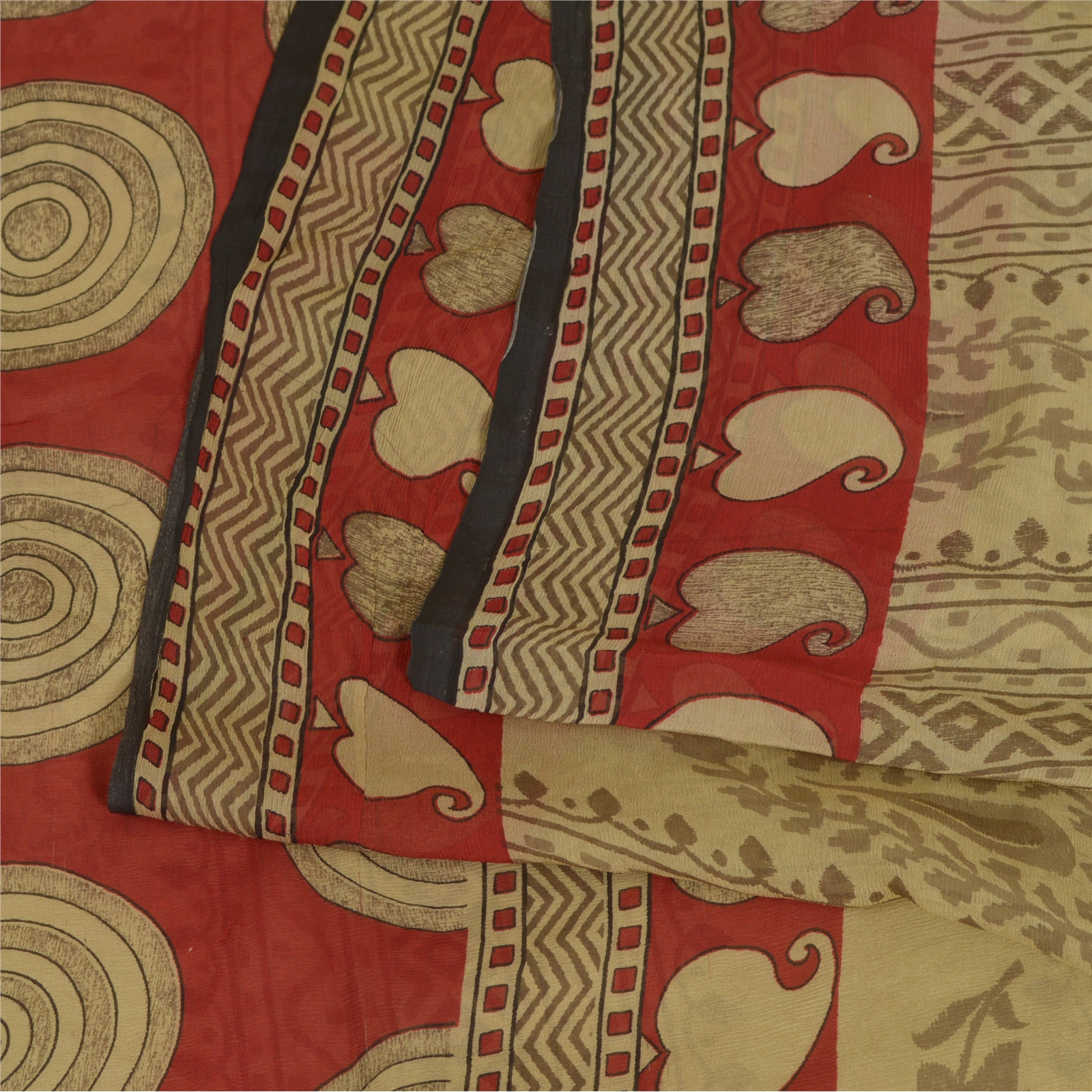 Sanskriti Vintage Sarees Cream/Red Pure Chiffon Silk Printed Sari Craft Fabric